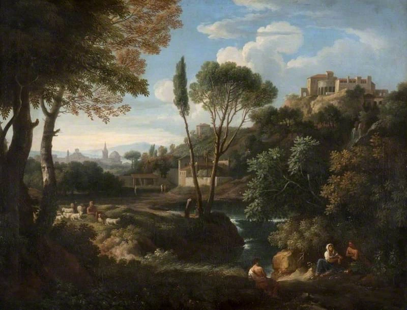 Paesaggio con cascata ed edifici